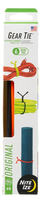 NITE IZE Gear Tie GTPP18-A1-R8 Twist-Tie, 6.2 mm Dia, 18 in L, Rubber, Black/Light Orange/Neon Yellow
