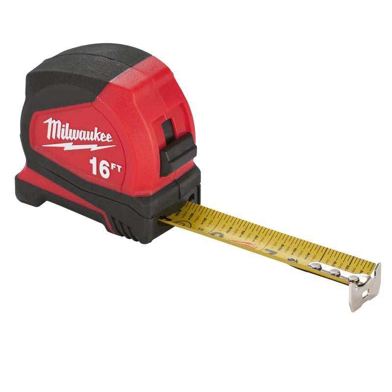 MILWAUKEE Milwaukee 48-22-1716 Compact Tape Measure, 16 ft L Blade, 1 in W Blade, Steel Blade, ABS Case, Black/Red Case ELECTRICAL MILWAUKEE