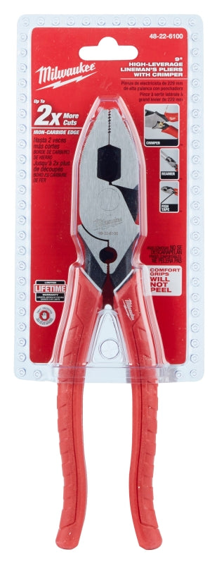 MILWAUKEE Milwaukee 48-22-6100 Lineman's Plier with Crimper, 9 in OAL, 1.77 in Cutting Capacity, Red Handle, Comfort-Grip Handle TOOLS MILWAUKEE