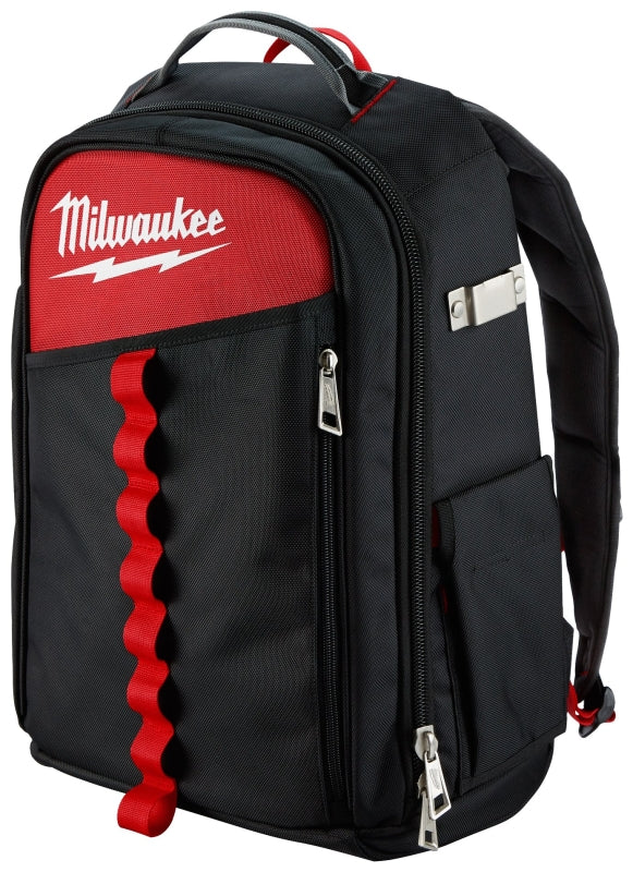 MILWAUKEE Milwaukee 48-22-8202 Backpack, 11.8 in W, 7.87 in D, 19.6 in H, 22-Pocket, Black/Red TOOLS MILWAUKEE