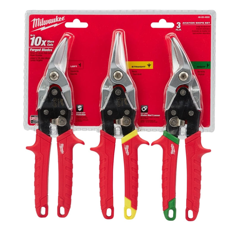 MILWAUKEE Milwaukee 48-22-4563 Aviation Snip Set, 3-Piece, Forged Steel/TPR, Chrome-Plated, Green/Red/Yellow TOOLS MILWAUKEE