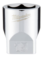 MILWAUKEE Milwaukee 45-34-9041 Socket, 15 mm Socket, Standard Socket, 4.921 in OAL, 1/4 in Drive, 6-Point, Chrome Vanadium Steel