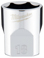 MILWAUKEE Milwaukee 45-34-9088 Socket, 18 mm Socket, Standard Socket, 3.543 in OAL, 3/8 in Drive, 6-Point, Chrome Vanadium Steel