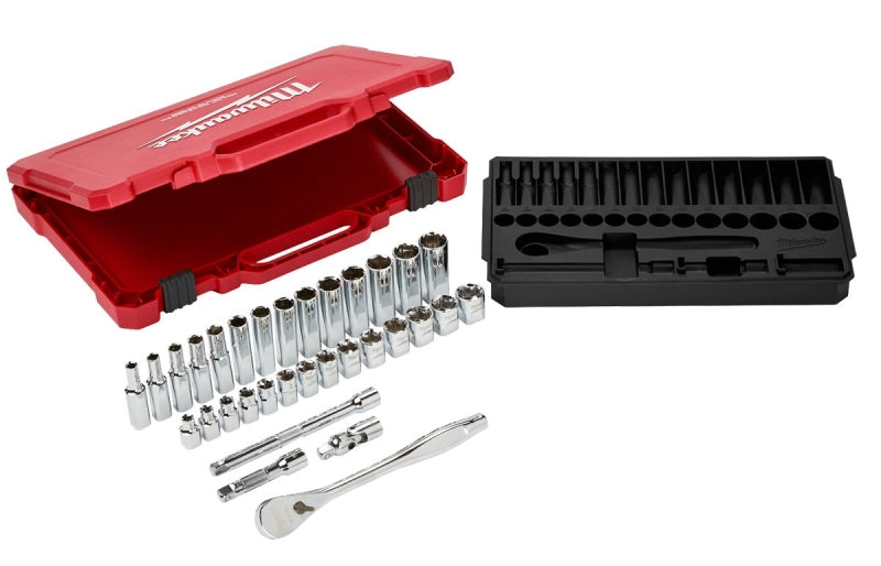 MILWAUKEE Milwaukee 48-22-9508 Ratchet and Socket Set, Alloy Steel, Chrome, Specifications: 3/8 in Drive Size, Metric Measurement