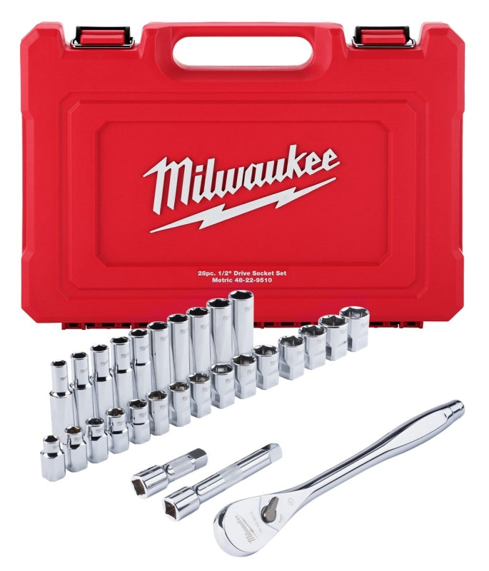 MILWAUKEE Milwaukee 48-22-9510 Ratchet and Socket Set, Alloy Steel, Specifications: 1/2 in Drive Size, Metric Measurement TOOLS MILWAUKEE   