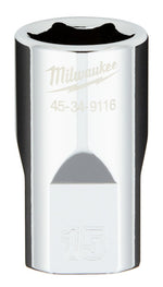 MILWAUKEE Milwaukee 45-34-9116 Socket, 15 mm Socket, Standard Socket, 1/2 in Drive, 6-Point, Chrome Vanadium Steel, Chrome TOOLS MILWAUKEE