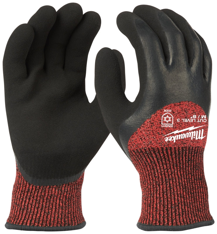 MILWAUKEE Milwaukee 48-22-8921 Winter Dipped Gloves, Men's, M, 7.2 to 7.5 in L, Elastic Knit Cuff, Latex Palm, Black/Red