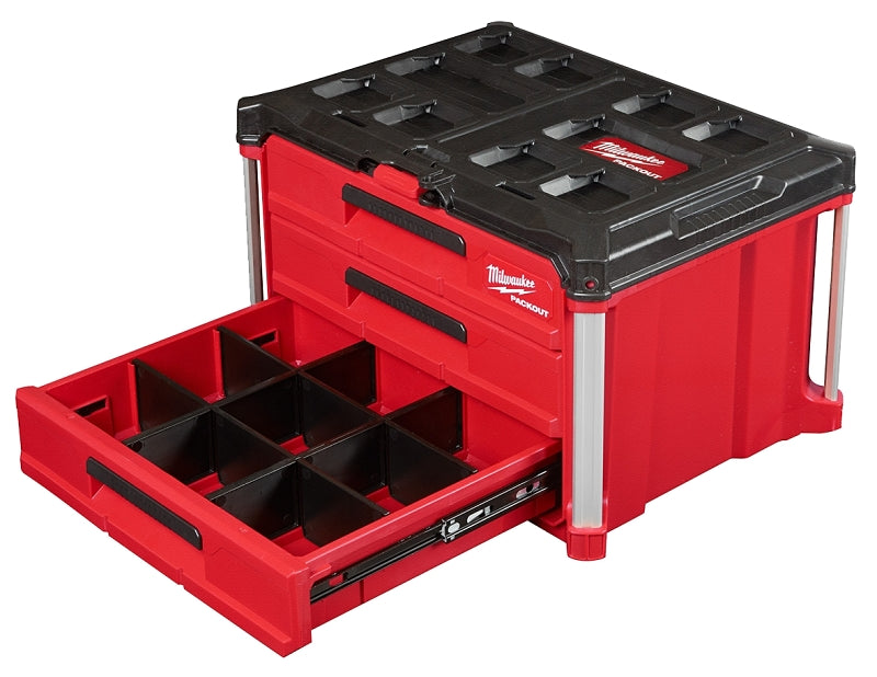 MILWAUKEE Milwaukee PACKOUT 48-22-8443 Tool Box, 50 lb, Polypropylene, Black/Red, 22.2 in L x 16.3 in W x 14.3 in H Outside