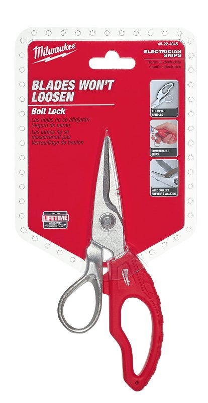 MILWAUKEE ELECTRICAL TO Milwaukee 48-22-4045 Electrician Snip, 10.65 in OAL, Ergonomic Handle, Metal Handle ELECTRICAL MILWAUKEE ELECTRICAL TO