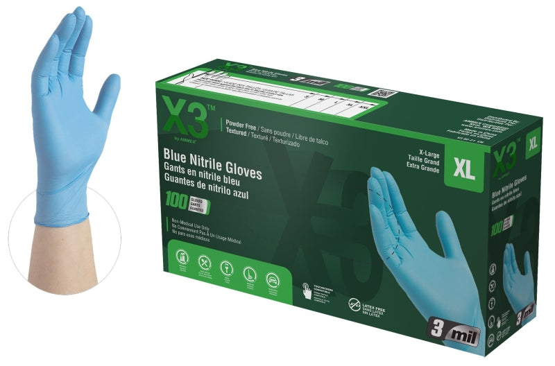 AMMEX Ammex X348100 Non-Sterile Disposable Gloves, XL, Nitrile, Powder-Free, Blue