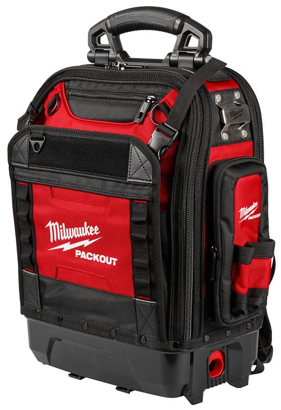MILWAUKEE Milwaukee Packout 48-22-8303 Structured Backpack, 18 in W, 9-1/2 in D, 20 in H, 42-Pocket, Polyester, Black/Red