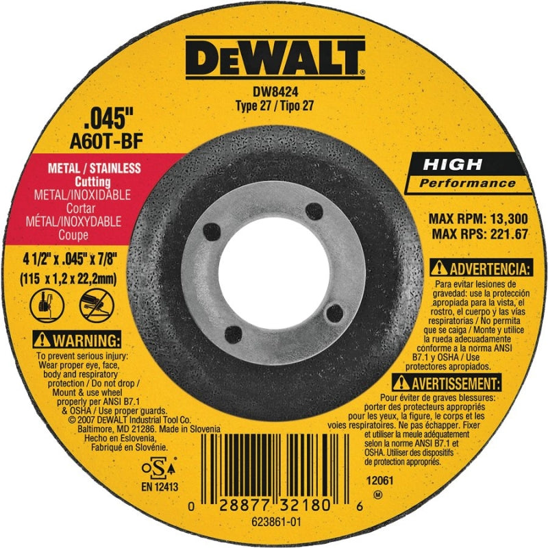 DEWALT DEWALT DW8424 Cutting Wheel, 4-1/2 in Dia, 0.045 in Thick, 7/8 in Arbor, 60 Grit, Medium, Aluminum Oxide Abrasive TOOLS DEWALT