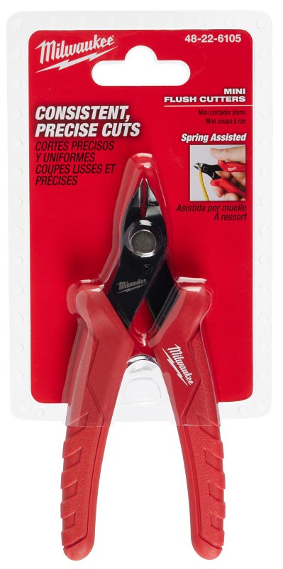 MILWAUKEE ELECTRICAL TO Milwaukee 48-22-6105 Mini Flush Cutter, 5 in OAL, Steel Jaw, Overmolded, Non-Insulated Handle, Red Handle