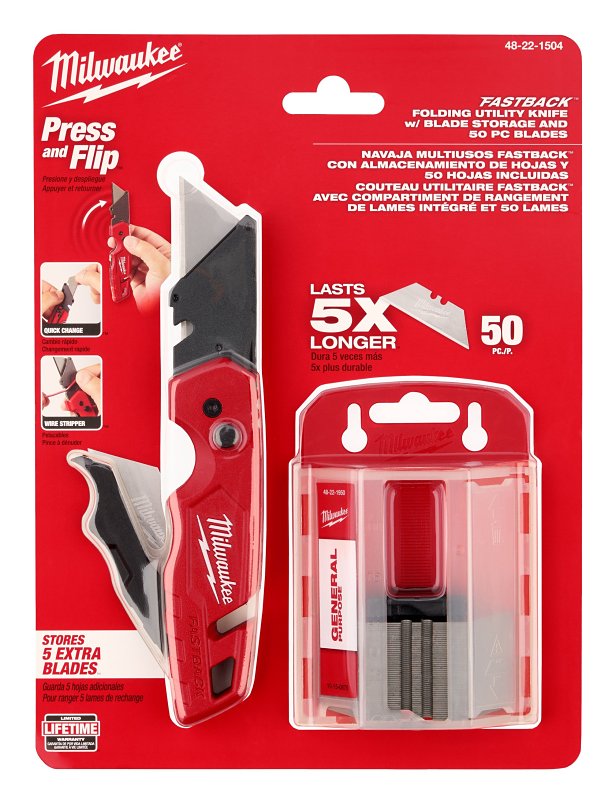 MILWAUKEE ELECTRICAL TO Milwaukee FASTBACK Series 48-22-1504 Folding Utility Knife and Blade Set, 1-1/4 in L Blade, Steel Blade, 50-Blade
