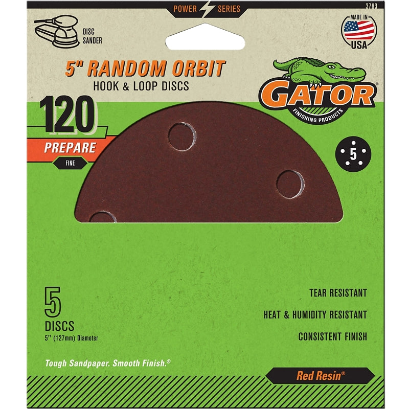 GATOR Gator 3783 Sanding Disc, 5 in Dia, 120 Grit, Fine, Aluminum Oxide Abrasive, Vented, 5/PK TOOLS GATOR