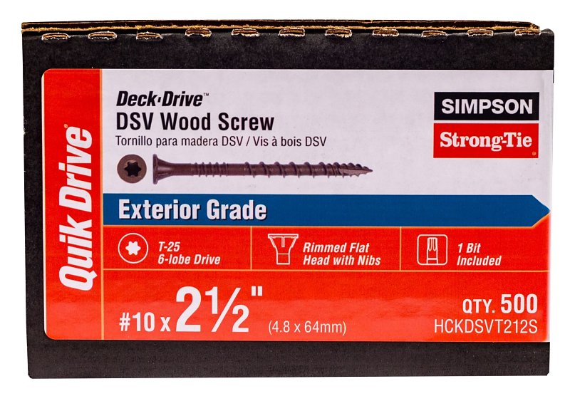 SIMPSON STRONG-TIE Simpson Strong-Tie Deck-Drive DSV HCKDSVT212S Screw, #10 Thread, 2-1/2 in L, Ribbed Flat Head, T25 Drive, Steel HARDWARE & FARM SUPPLIES SIMPSON STRONG-TIE