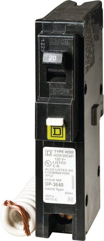 SQUARE D Square D HOM120CAFIC AFCI Combination Circuit Breaker, 20 A, 1-Pole, 120 V, Fixed Trip, Plug