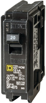 SQUARE D Square D Homeline HOM120C Circuit Breaker, Mini, 20 A, 1 -Pole, 120 V, Plug Mounting, Black