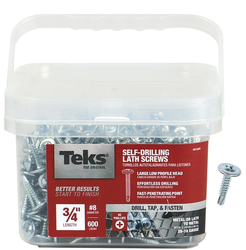 TEKS Teks 21525 Lath Screw, #8 Thread, Truss Head, Phillips Drive, Self-Drilling Point, Steel, Zinc, 600 PK