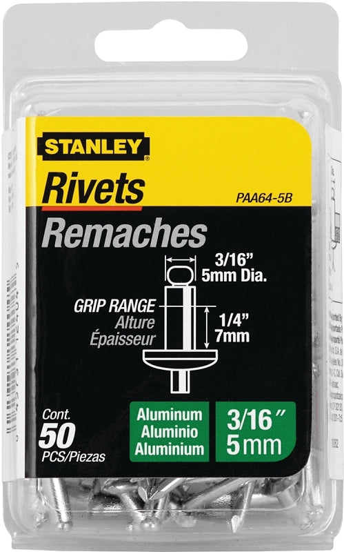 STANLEY STANLEY PAA64-5B Pop Rivet, Reusable, 1/4 in Grip, 3/16, 1-1/2 in L, Aluminum, 50/PK