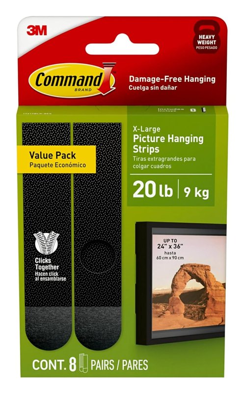 COMMAND Command 17217BLK-8ES Picture Hanging Strip, Foam Backing, Black, 20 lb, 8/PR