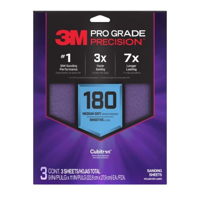 3M Pro Grade Precision SHR180-PGP-3T Sanding Sheet, 9 in L, 11 in W, Fine, 180 Grit, Ceramic Alumina Abrasive