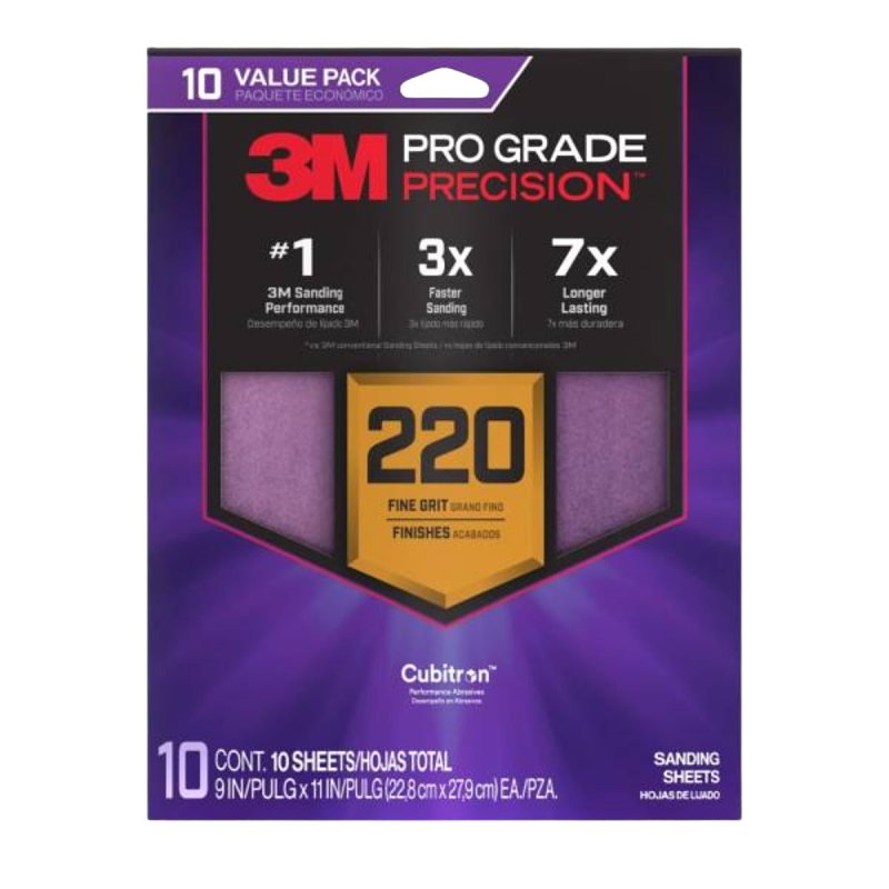 3M Pro Grade Precision SHR220-PGP-10T Sanding Sheet, 9 in L, 11 in W, Fine, 220 Grit, Ceramic Alumina Abrasive PAINT 3M