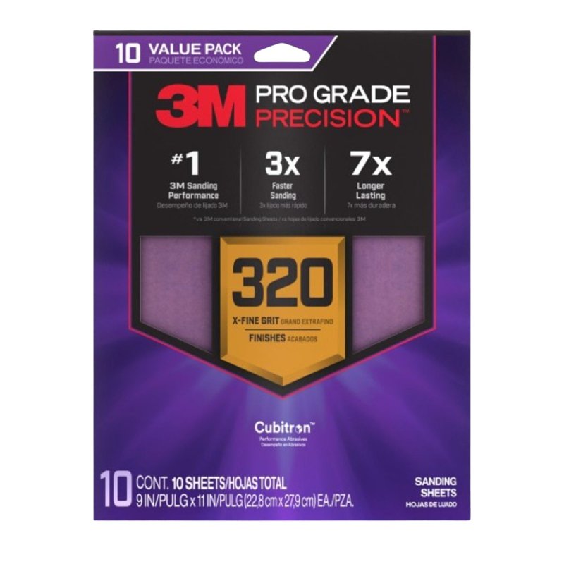 3M Pro Grade Precision SHR320-PGP-10T Sanding Sheet, 9 in L, 11 in W, Multi-Grade, 320 Grit, Ceramic Alumina Abrasive PAINT 3M