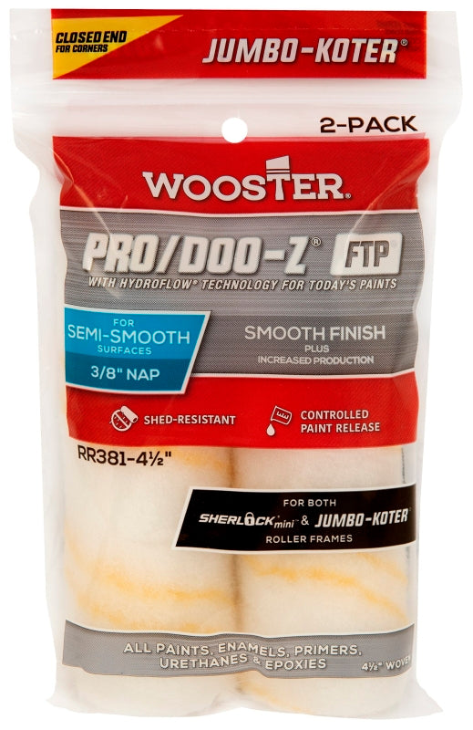 WOOSTER BRUSH Wooster RR381-4 1/2 Roller Cover, 3/8 in Thick Nap, 4-1/2 in L, Fabric Cover, Gold/White