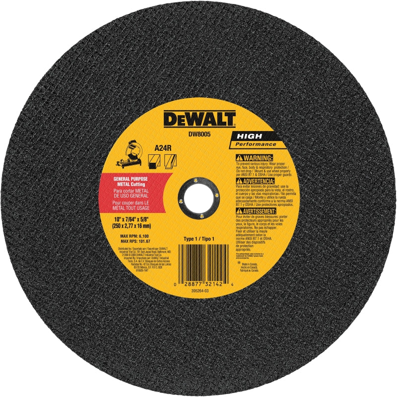 DEWALT DEWALT DW8005 Cutting Wheel, 10 in Dia, 7/64 in Thick, 5/8 in Arbor, 24 Grit, Very Coarse, Aluminum Oxide Abrasive TOOLS DEWALT