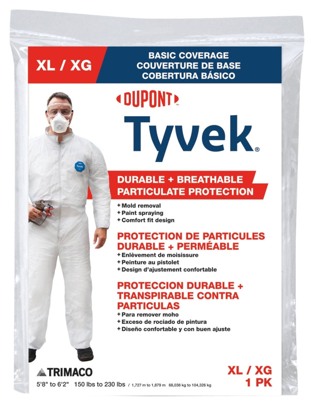 TRIMACO Trimaco 14123 Professional Painter's Coveralls, XL, Zipper Closure, Tyvek, White