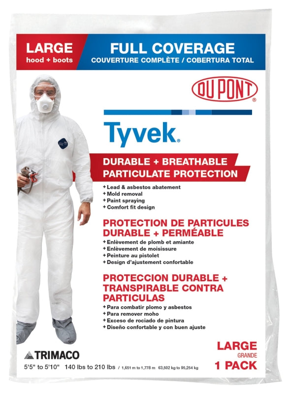 TRIMACO Trimaco COLORmaxx 141222/12 Protective Coveralls with Hood and Boots, L, Zipper Closure, Tyvek, White