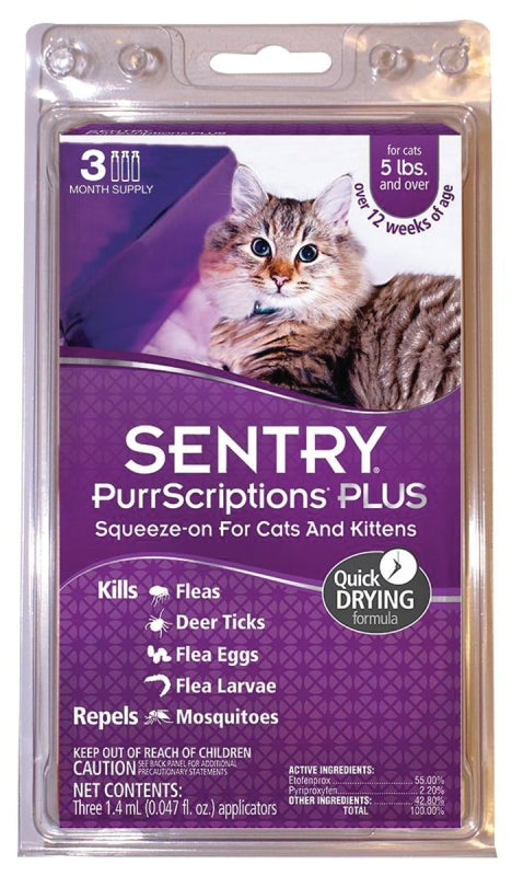 SENTRY Sentry PurrScriptions Plus 01981 Flea and Tick Squeeze-On, Clear/Light Yellow, Liquid, Mild Acetate, 3 Count PET & WILDLIFE SUPPLIES SENTRY