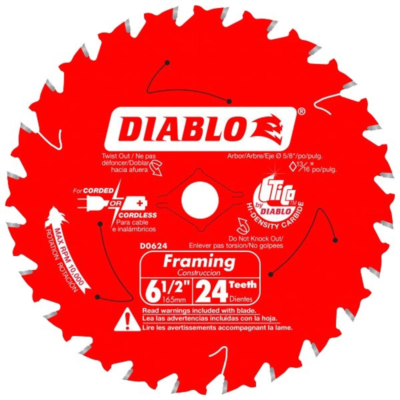 DIABLO Diablo D0624A Framing Trim Saw Blade, 6-1/2 in Dia, 5/8 in Arbor, 24-Teeth, Carbide Cutting Edge TOOLS DIABLO