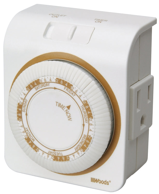 WOODS Woods 50002 Mechanical Timer, 15 A, 125 V, 1875 W, 7 days Time Setting, 6 On/Off Cycles Per Day Cycle, White