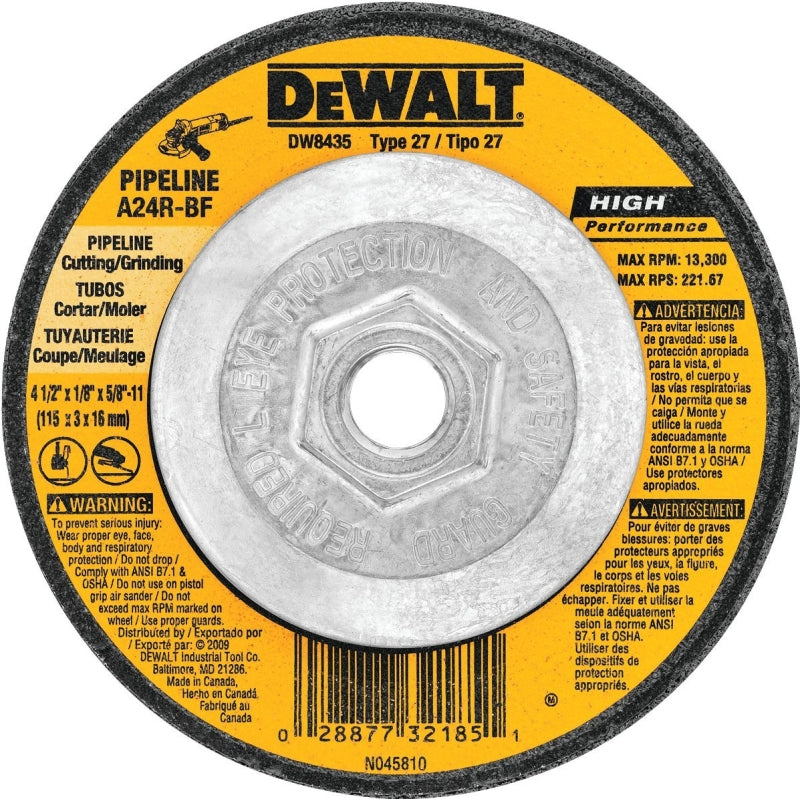 DEWALT DEWALT DW8435 Grinding Wheel, Applicable Materials: Ferrous Metal, Stainless Steel, 4-1/2 in Dia, 1/8 in Thick, 24 Grit