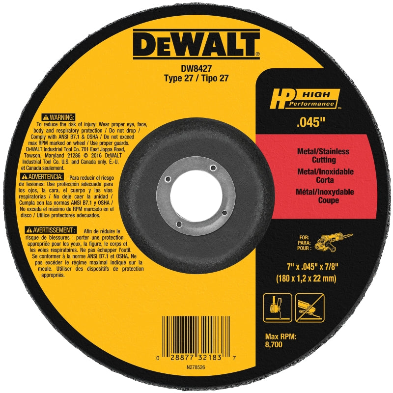DEWALT DEWALT DW8427 Cutting Wheel, 7 in Dia, 0.045 in Thick, 7/8 in Arbor, Medium, Aluminum Oxide Abrasive TOOLS DEWALT