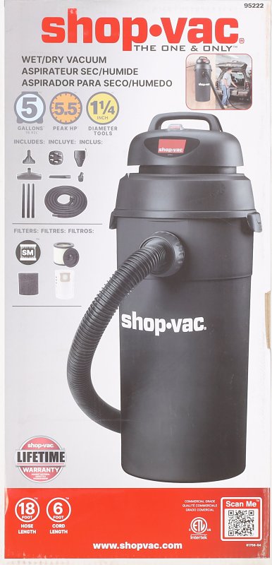 SHOP-VAC Shop-Vac 9522205 Wet/Dry Vacuum, 5 gal, 70 cfm Air, Cartridge, 120 V OUTDOOR LIVING & POWER EQUIPMENT SHOP-VAC