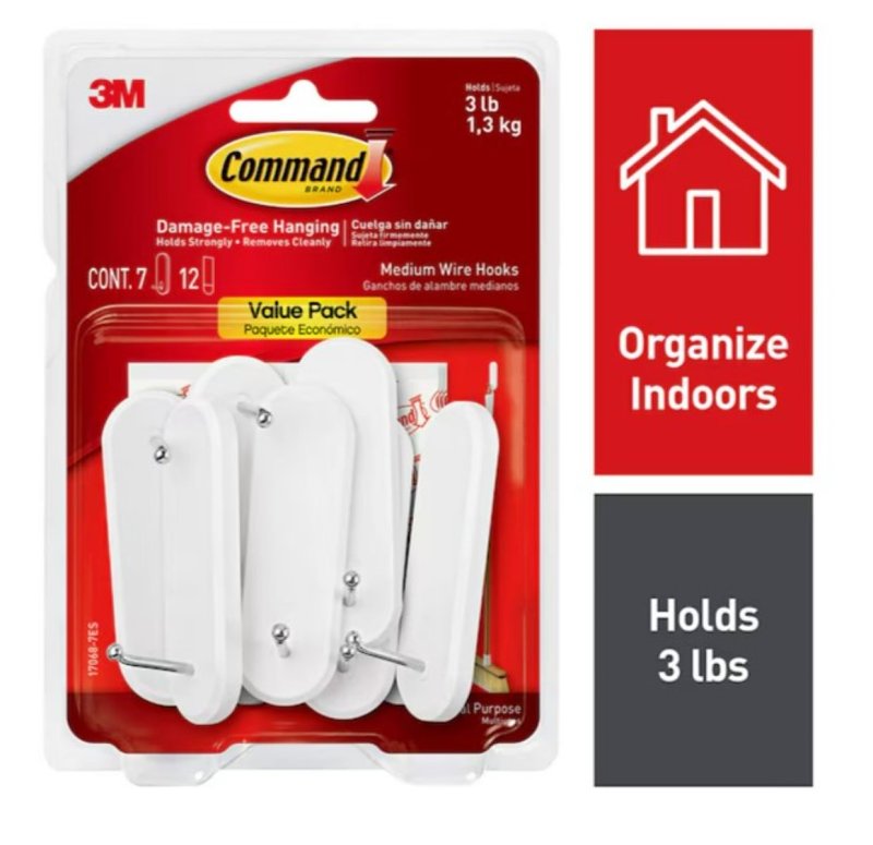 COMMAND Command 17068-7ES Medium Hook, 3 lb, 7-Hook, Plastic, White ELECTRICAL COMMAND