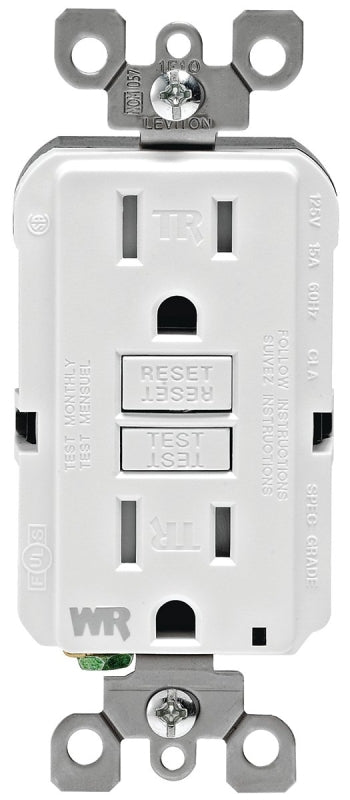 LEVITON Leviton R92-GFWT1-0KW GFCI Duplex Receptacle, 2 -Pole, 15 A, 125 V, Back, Side Wiring, NEMA: 5-15R, White ELECTRICAL LEVITON