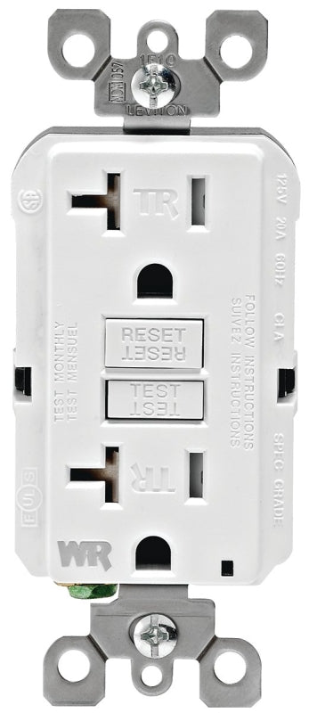 LEVITON Leviton R92-GFWT2-0KW GFCI Duplex Receptacle, 2 -Pole, 20 A, 125 V, Back, Side Wiring, NEMA: 5-20R, White ELECTRICAL LEVITON