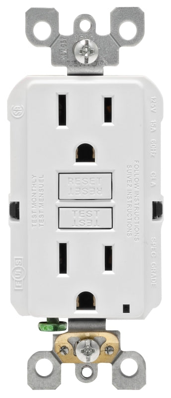 LEVITON Leviton R02-GFNT1-0KW GFCI Duplex Receptacle, 2 -Pole, 15 A, 125 V, Back, Side Wiring, NEMA: 5-15R, White ELECTRICAL LEVITON