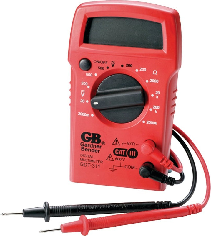 GB Gardner Bender GDT-311 Multimeter, 2 mOhm, 500 VAC, 600 VDC, 2 MOhm, Digital, LCD Display, Red ELECTRICAL GB