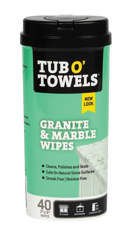 TUB O' TOWELS Tub O'Towels TW40-GR Granite and Marble Cleaning Wipes, 8 in L, 7 in W, 1-Ply, Mild, Polypropylene