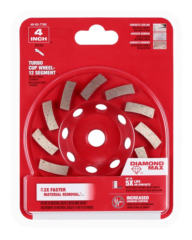 MILWAUKEE Milwaukee 49-93-7780 Cup Wheel, 4 in Dia, 5/8 in Arbor, Diamond Abrasive TOOLS MILWAUKEE