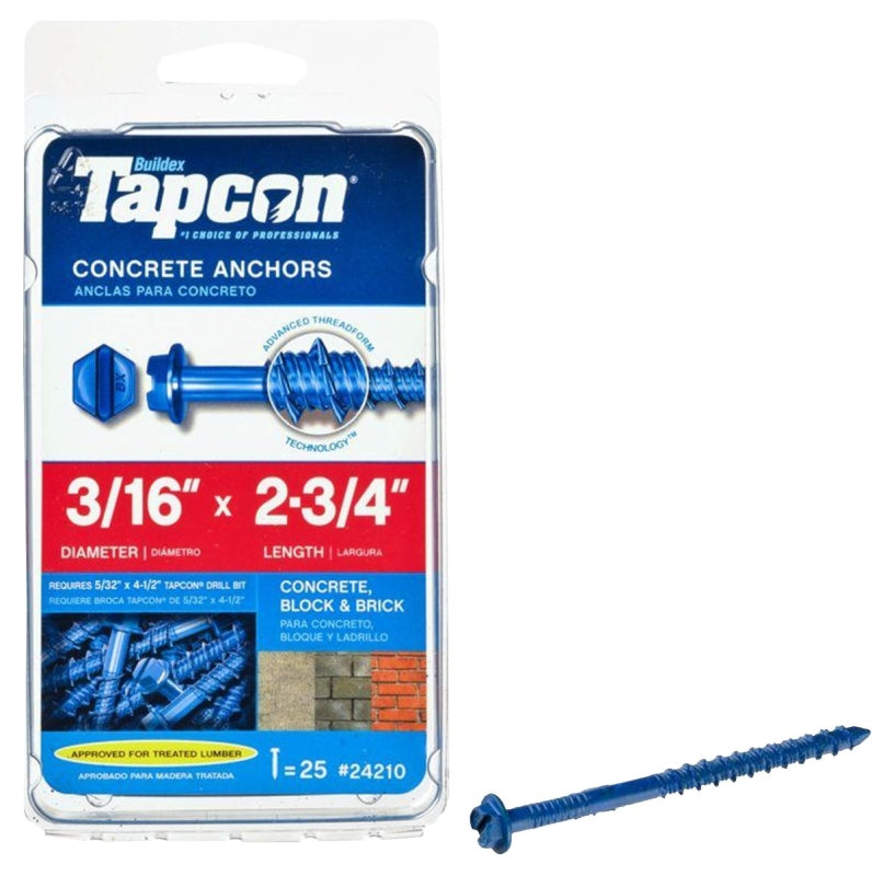 TAPCON Tapcon 24210 Concrete Screw Anchor, 3/16 in Dia, 2-3/4 in L, Steel, Climaseal, 25/PK HARDWARE & FARM SUPPLIES TAPCON