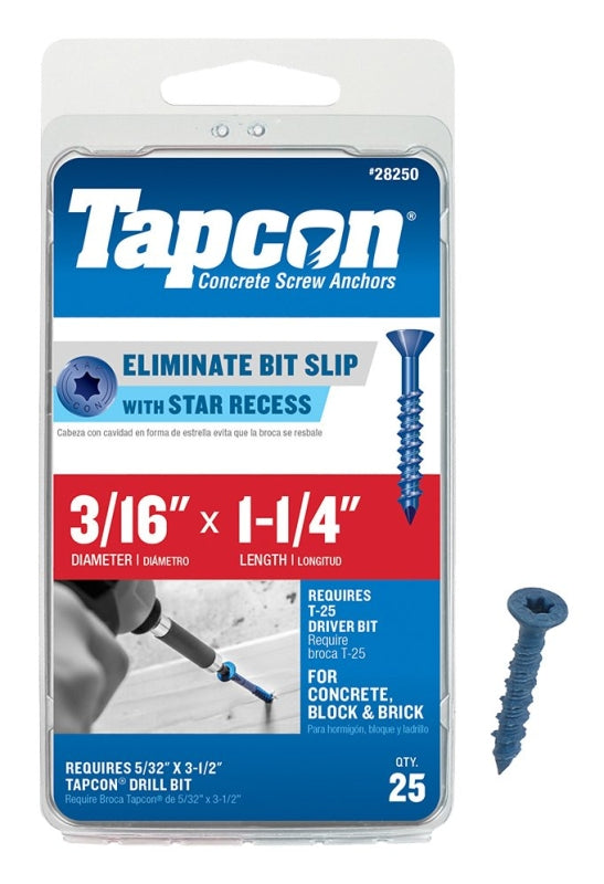 TAPCON Tapcon 28250 Concrete Screw Anchor, 3/16 in Dia, 1-1/4 in L, Steel