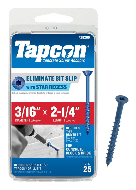 TAPCON Tapcon 24260 Screw Anchor, 3/16 in Dia, 2-1/4 in L, Steel, Climaseal