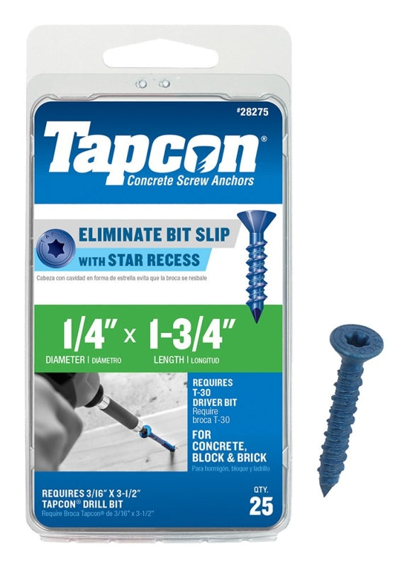 TAPCON Tapcon 24275 Concrete Screw Anchor, 1/4 in Dia, 1-3/4 in L, Phillips Head, Steel, Climaseal, 25/PK