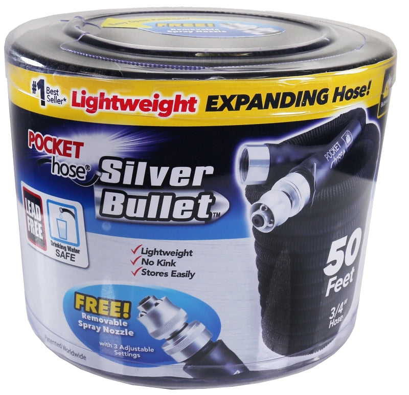 POCKET HOSE POCKET hose Silver Bullet 13397-12 Expanding Garden Hose, 3/4 in, 50 ft L, Plastic, Black